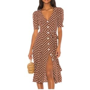Revolve LPA Bambina Brown Polka Dot Dress Midi Button Front Short Sleeve Size XL